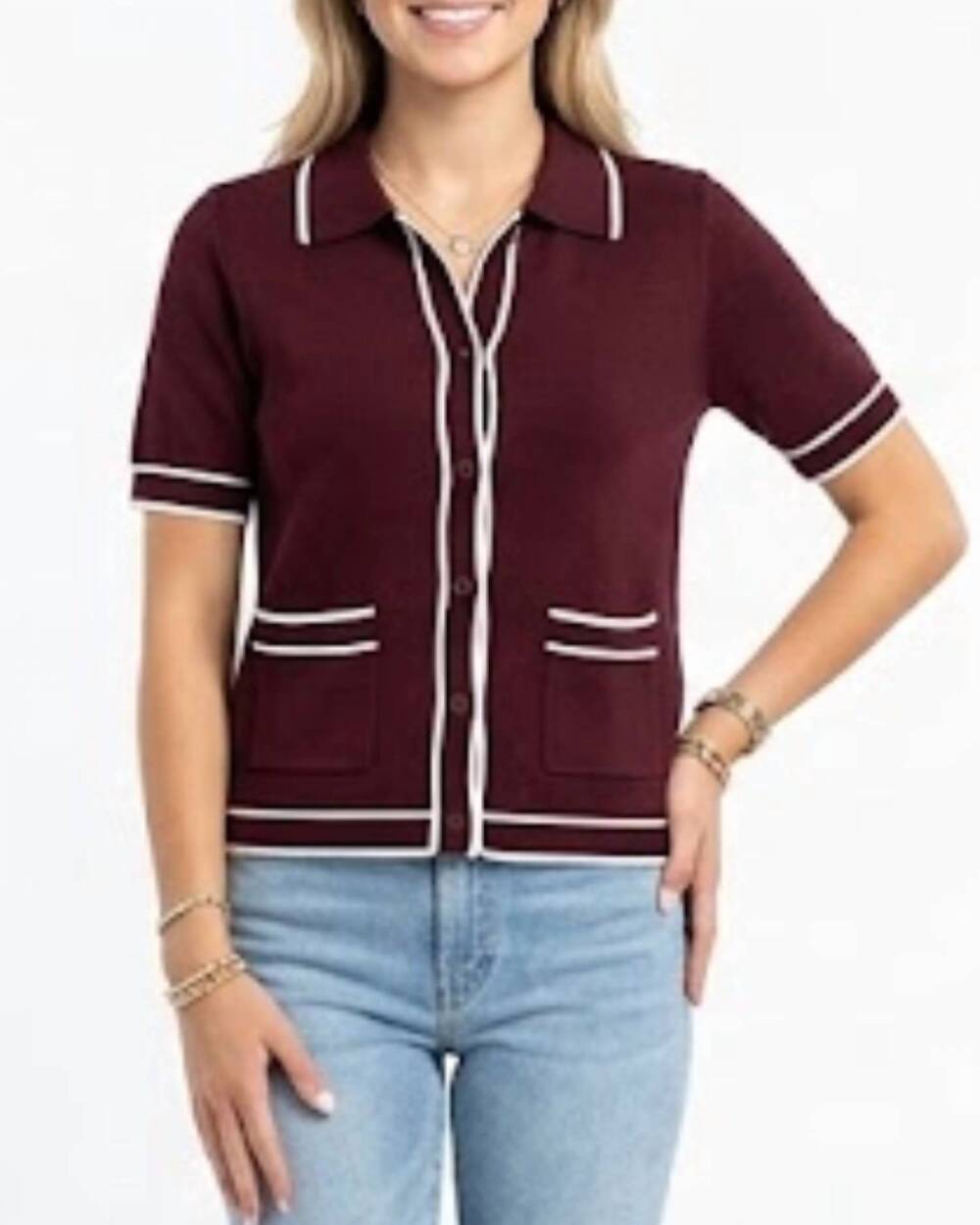 NEW THML short sleeve button up sweater in burgundy